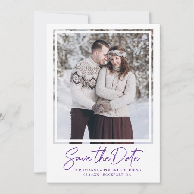 Royal Purple Text Photo Wedding Save The Date (Front)