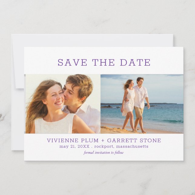 Royal Purple Text Three Photo Wedding Save The Date (Front)