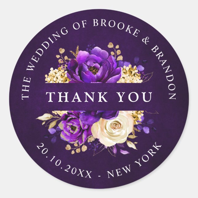 Royal Purple Violet Gold Botanical Thank you  Clas Classic Round Sticker (Front)
