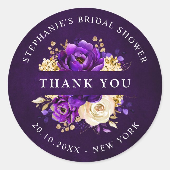 Royal Purple Violet Gold Bridal Shower Thank you   Classic Round Sticker (Front)