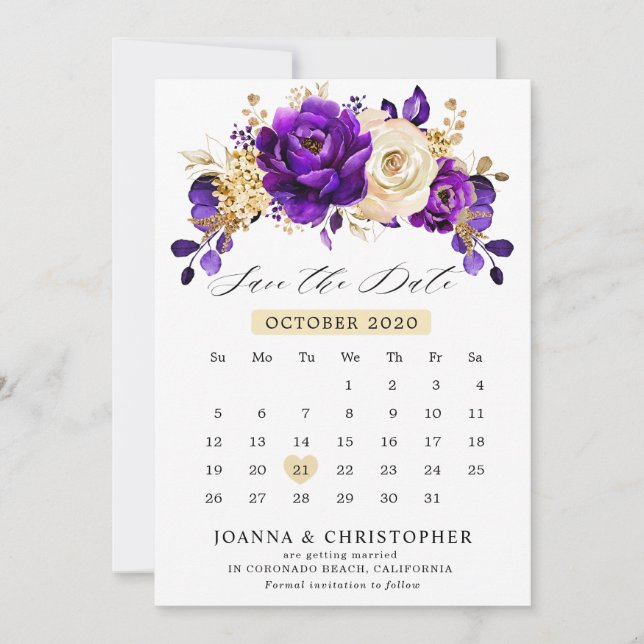 Royal Purple Violet Gold  calendar Save The Date (Front)