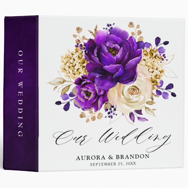 Royal Purple Violet Gold Floral Botanical Wedding Binder (Front/Spine)
