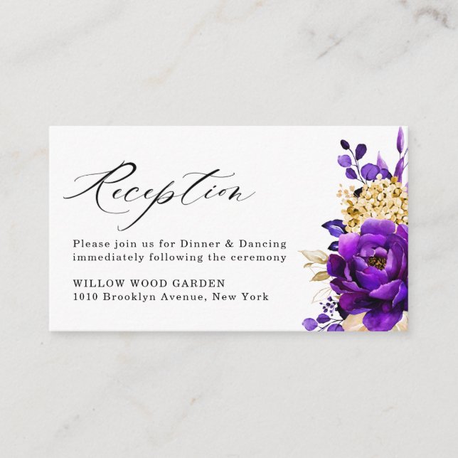 Royal Purple Violet Gold Floral Botanical Wedding Enclosure Card (Front)