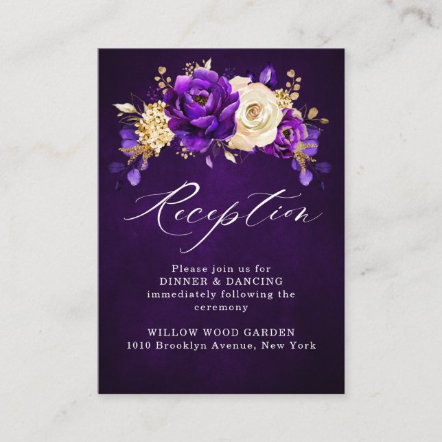 Royal Purple Violet Gold Floral Botanical Wedding  Enclosure Card (Front)