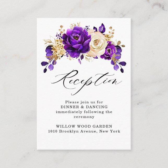 Royal Purple Violet Gold Floral Botanical Wedding Enclosure Card (Front)