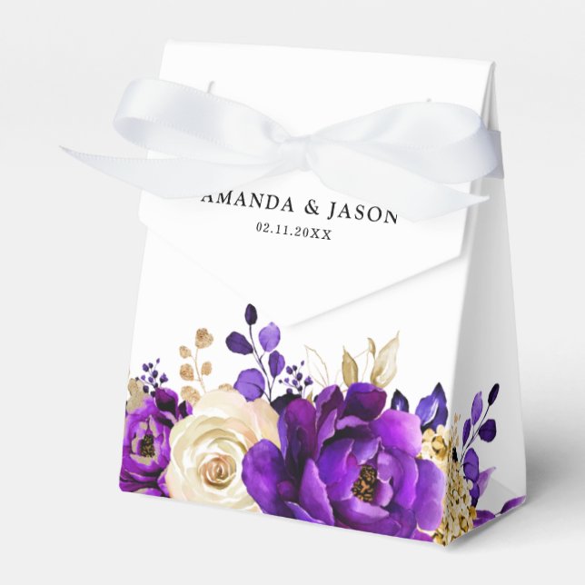 Royal Purple Violet Gold Floral Botanical Wedding Favor Box (Front Side)