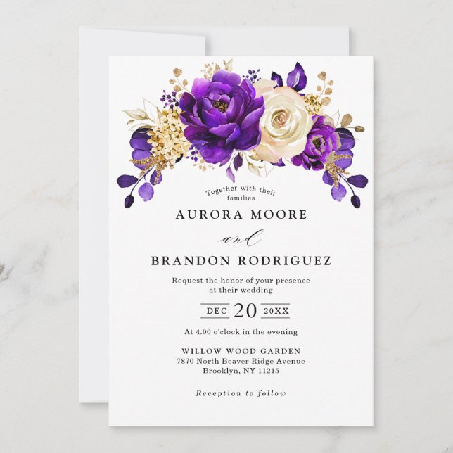 Royal Purple Violet Gold Floral Botanical Wedding Invitation (Front)