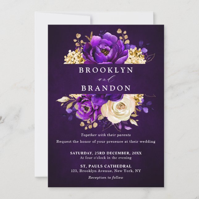 Royal Purple Violet Gold Floral Botanical Wedding Invitation (Front)
