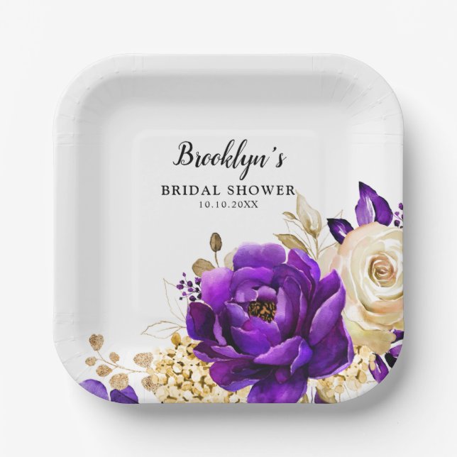 Royal Purple Violet Gold Floral Botanical Wedding  Paper Plate (Front)