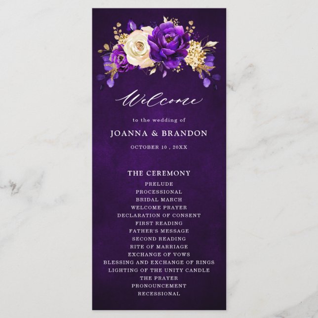 Royal Purple Violet Gold Floral Botanical Wedding  Program (Front)