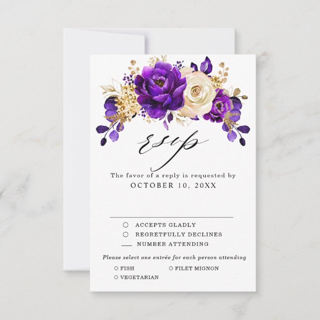 Royal Purple Violet Gold Floral Botanical Wedding RSVP Card (Front)