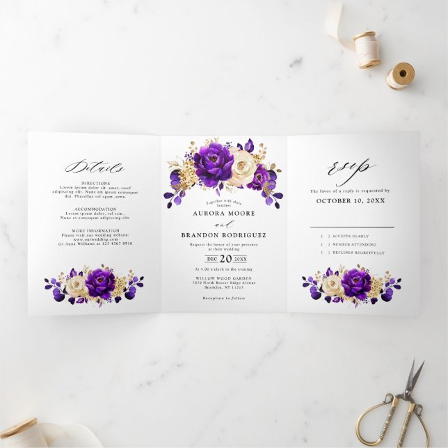 Royal Purple Violet Gold Floral Botanical Wedding Tri-Fold Announcement (Inside)