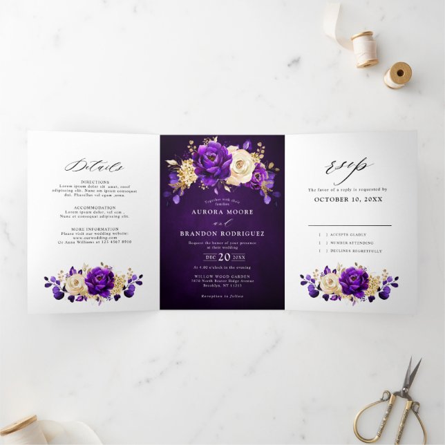 Royal Purple Violet Gold Floral Botanical Wedding  Tri-Fold Announcement (Inside)