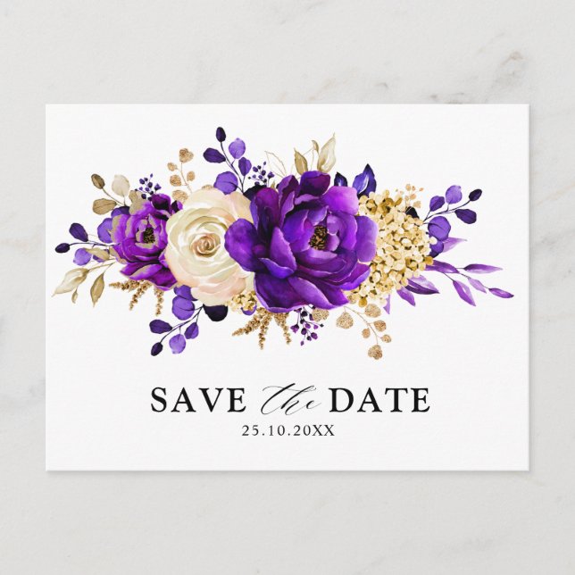 Royal Purple Violet Gold Floral Save the Date  Postcard (Front)