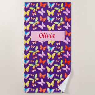 Royal Purple Watercolor Butterfly Personalized Beach Towel