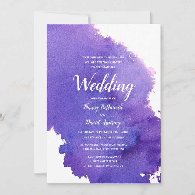 Royal Purple Watercolor Wedding Invitation (Front)