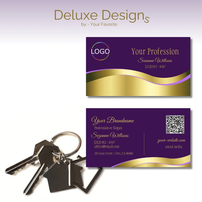 Royal Purple Wavy Gold Decor with Logo QR Code Business Card (Creator Uploaded)