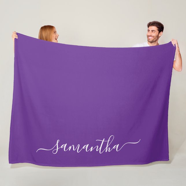 Royal Purple White Elegant Script Signature Name Fleece Blanket (In Situ)