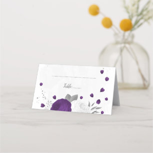 royal purple & white flowers botanical silver place card