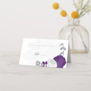 royal purple & white flowers botanical wedding pla place card