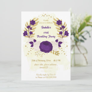 royal purple white flowers gold birthday party invitation