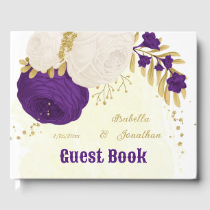  royal purple & white flowers gold botanical guest book
