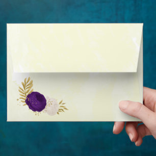  royal purple white flowers gold botanical wedding envelope