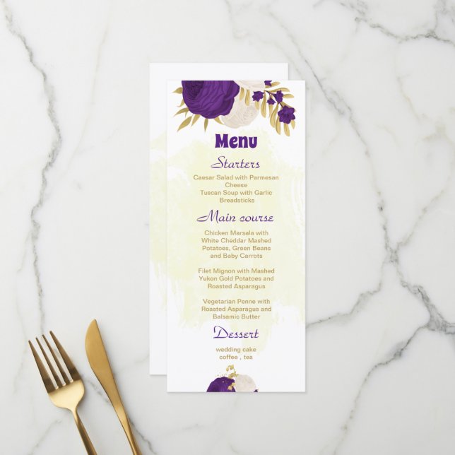 royal purple white flowers gold botanical wedding  menu (Front/Back In Situ)