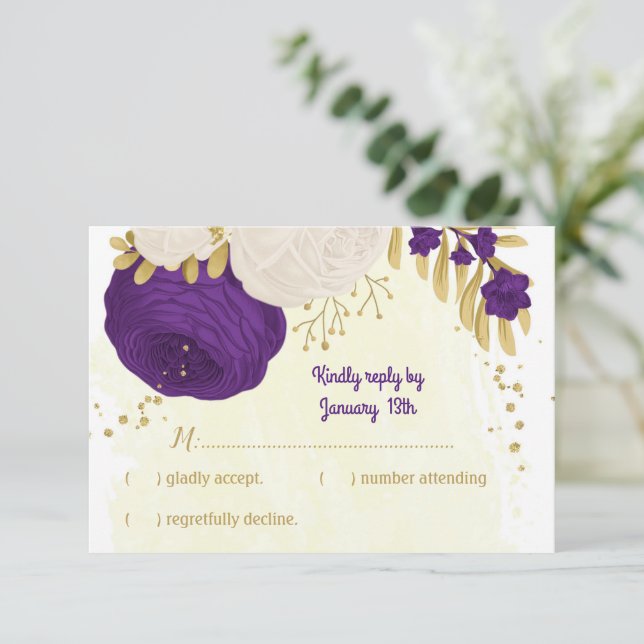 royal purple white flowers gold botanical wedding RSVP card (Standing Front)