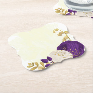 royal purple & white flowers gold paper coaster