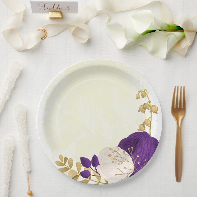 royal purple & white flowers gold paper plate (Wedding)