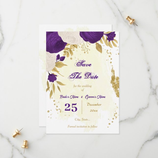 royal purple white flowers gold  save the date (Front/Back In Situ)