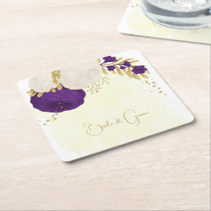 royal purple & white flowers gold square paper coaster