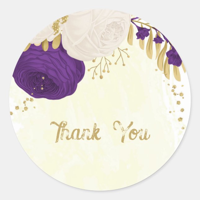 royal purple & white flowers gold thank you classic round sticker (Front)