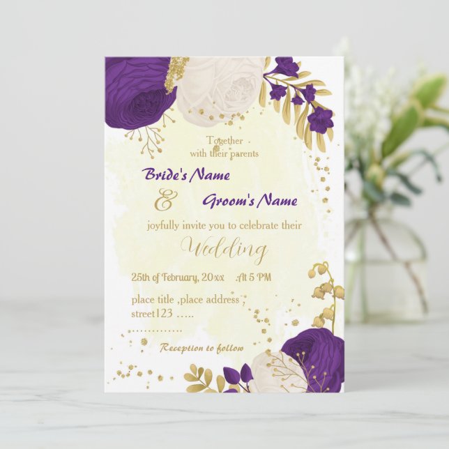 royal purple white flowers gold wedding invitation (Standing Front)