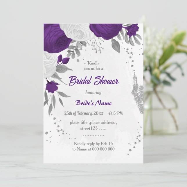 royal purple white flowers silver bridal shower invitation (Standing Front)
