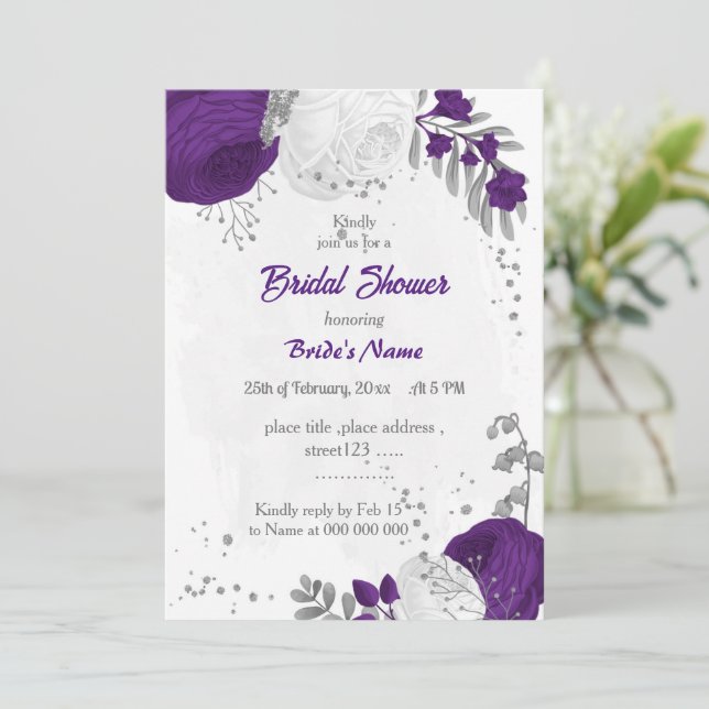 royal purple white flowers silver bridal shower  invitation (Standing Front)