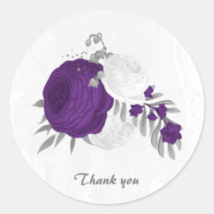 royal purple & white flowers silver  classic round sticker