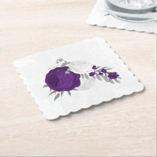 royal purple & white flowers silver  paper coaster