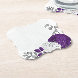 royal purple & white flowers silver paper coaster
