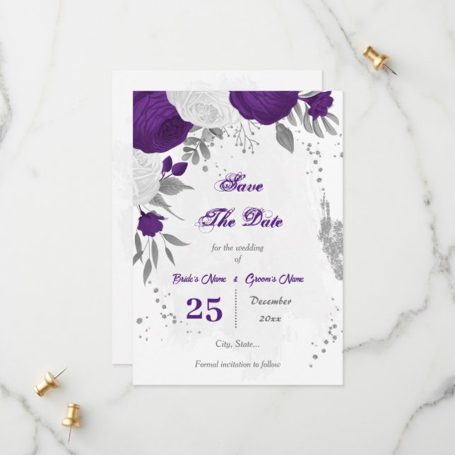 royal purple white flowers silver save the date (Front/Back In Situ)