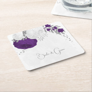 royal purple & white flowers silver square paper coaster