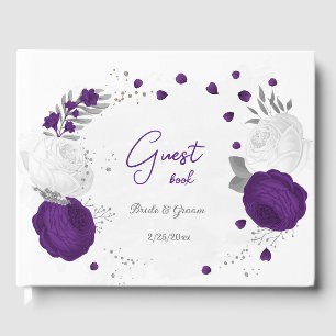 royal purple & white flowers silver wedding guest book