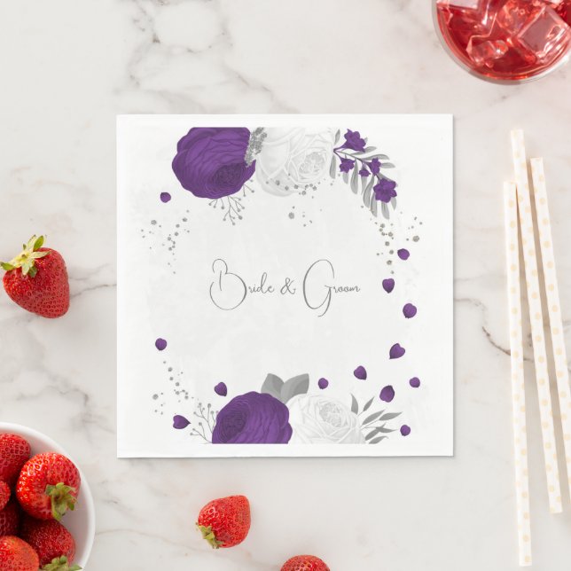 royal purple & white flowers silver wedding napkin (Insitu)