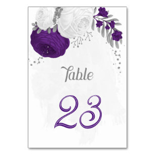 royal purple white flowers silver wedding table nu number