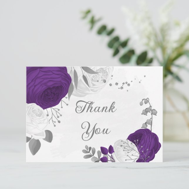 royal purple & white flowers silver wedding thank you card (Standing Front)