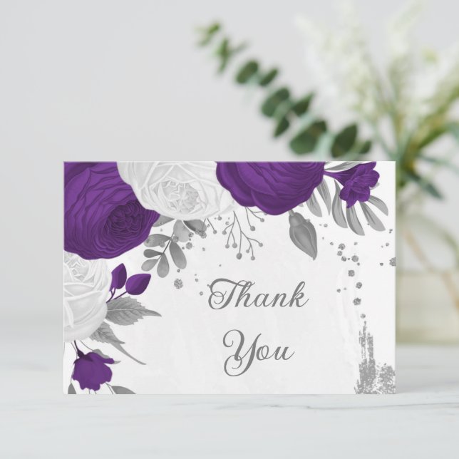 royal purple & white flowers silver wedding thank you card (Standing Front)