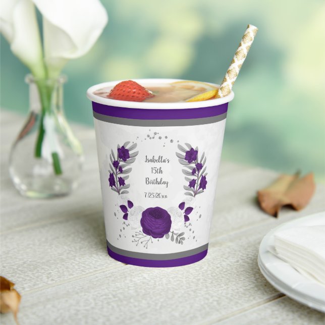 royal purple & white flowers silver wreath paper cups (Insitu)