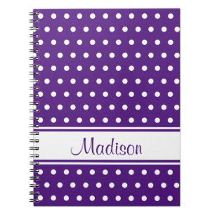 Royal Purple White Polka Dot Stripe Script Name Notebook