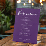 Royal Purple White Script Wedding Bar Menu Pedestal Sign<br><div class="desc">This royal purple wedding bar menu pedestal sign features beautiful white typography on a solid deep violet for an evening reception in the winter. Minimalist script and a bold colour makes your drinks sign pop and stand out from the crowd.</div>